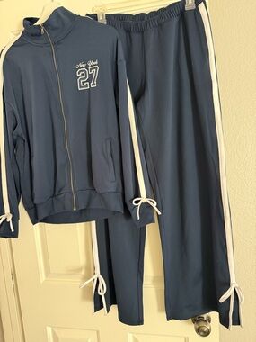 Hollister Navy Track Jacket and Pants with White Stripes